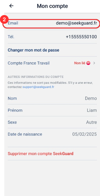 Écran de modification de l'adresse e-mail avec l'option 'Modifier mon adresse e-mail' mise en évidence
